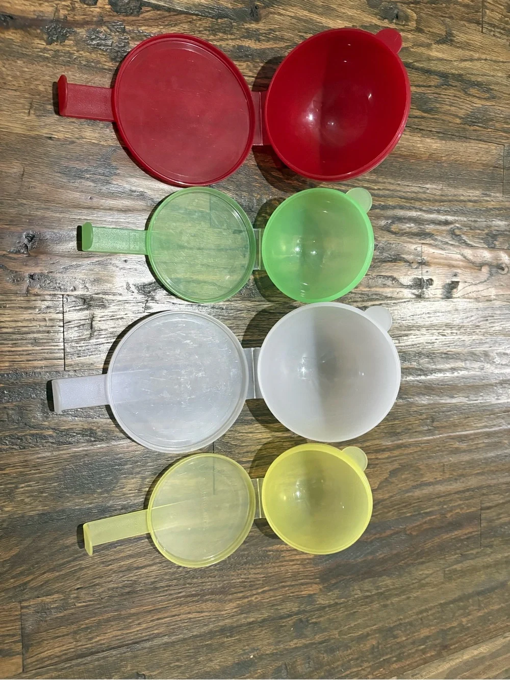 Tupperware vintage hanging storage set 4- Red, Green, Clear, Yellow